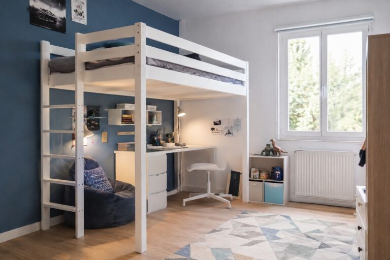 lit mezzanine dans une chambre d'enfant avec un bureau en-dessous