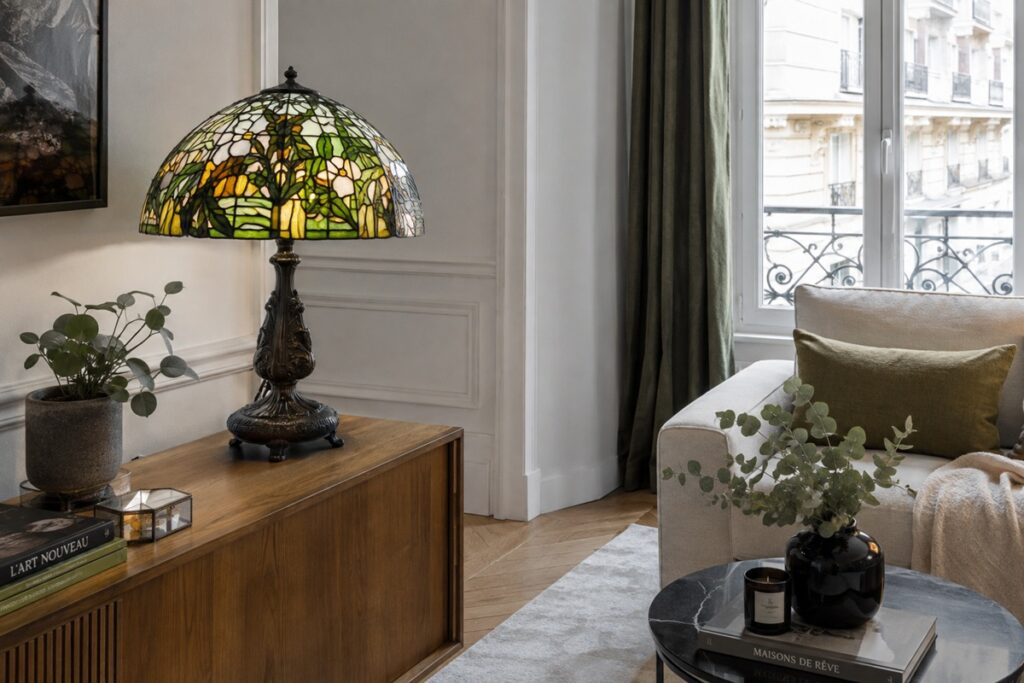 belle lampe tiffany intégrée dans un salon actuel