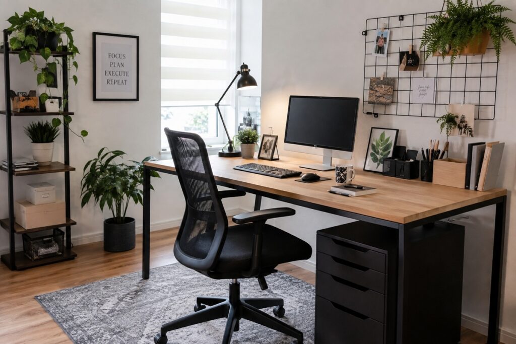 bureau agréable et personnalisé avec déco et plantes