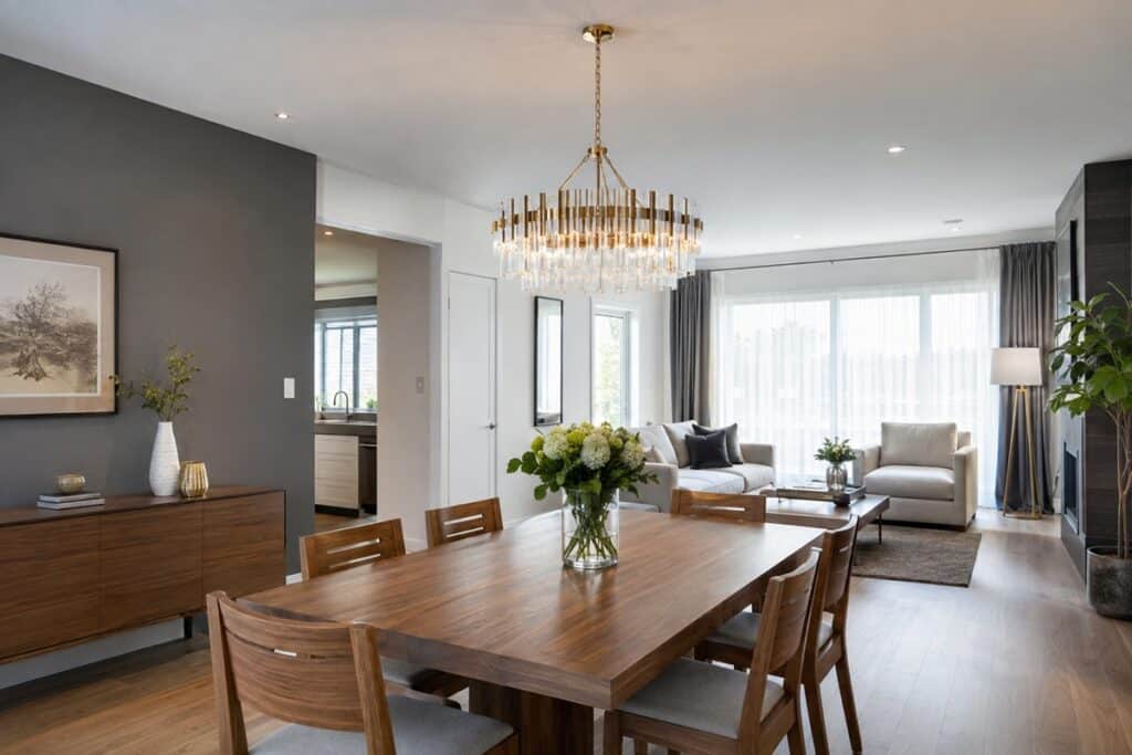 salle à manger avec lustre moderne