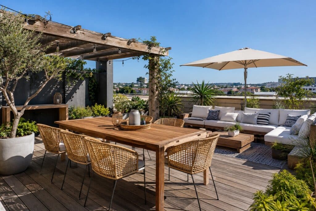 belle terrasse avec l'aménagement essentiel