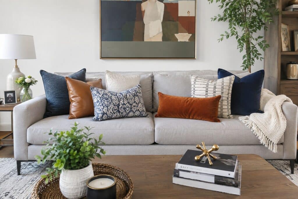 canapé gris dans un salon avec des coussins décoratifs