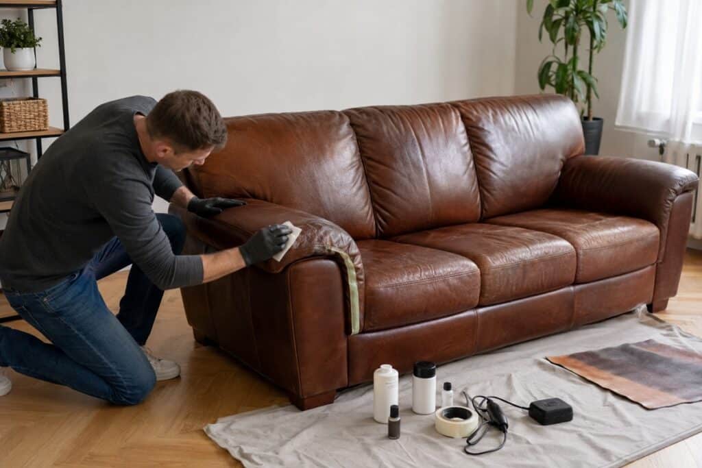 homme qui teind un canapé en cuir
