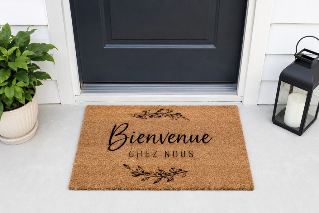 paillasson, plante et déco devant une porte d'entrée