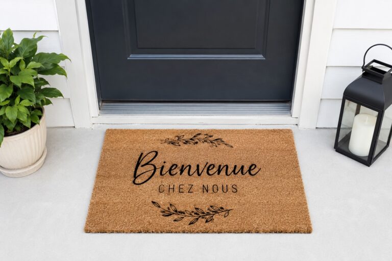 paillasson, plante et déco devant une porte d'entrée