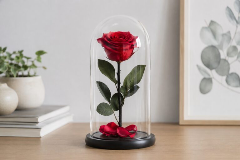 rose éternelle sous cloche posée sur une commode