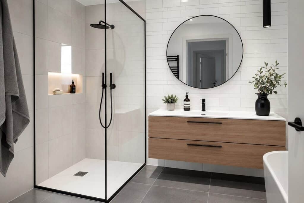 salle de bains moderne avec du carrelage mural blanc