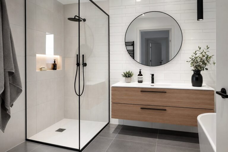 salle de bains moderne avec du carrelage mural blanc