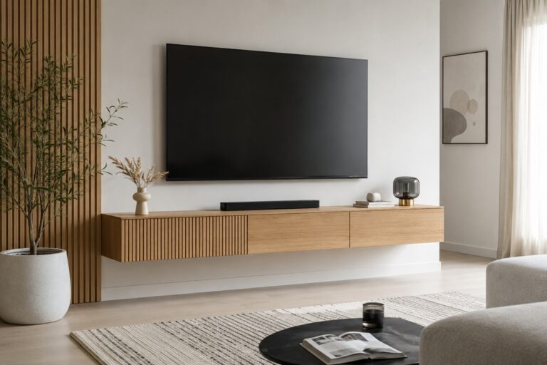 télé accroché au-dessus d'un meuble TV suspendu