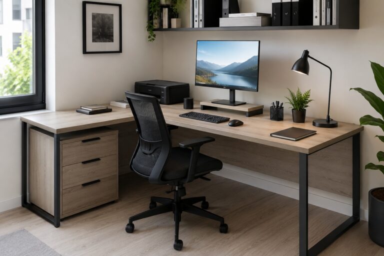 bureau aménagé avec bureau d'angle et ordinateur
