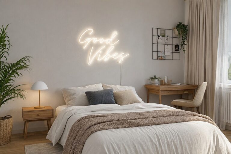 joli néon LED installé au-dessus d'un lit