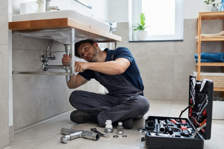 plombier qui répare une canalisation sous un évier