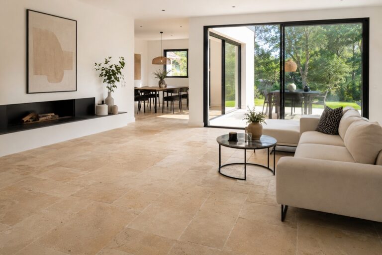 grand salon contemporain avec un sol en carrelage pierre