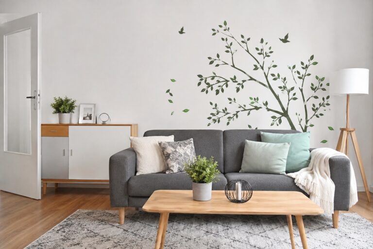 beau salon avec un sticker mural arbre derrière le canapé