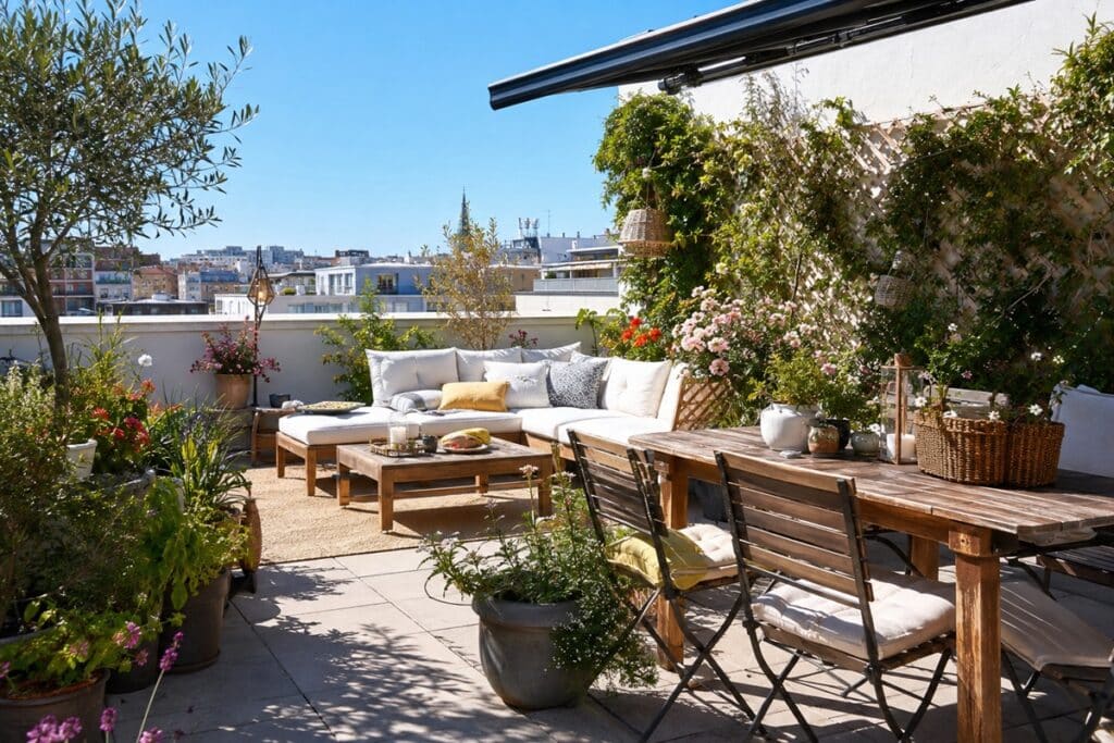 terrasse aménagée en petit coin de paradis
