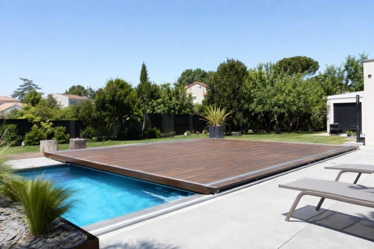 terrasse coulissante en bois sur une piscine