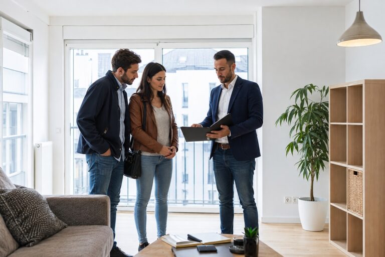 un agent immobilier fait visiter un bien à un couple