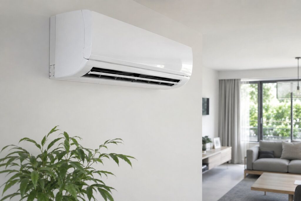 climatiseur et salon en arrière plan