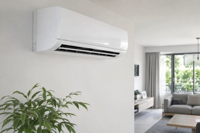 climatiseur et salon en arrière plan