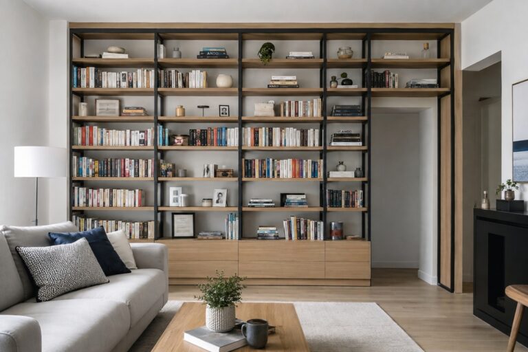 grande bibliothèque meuble en bois dans un salon
