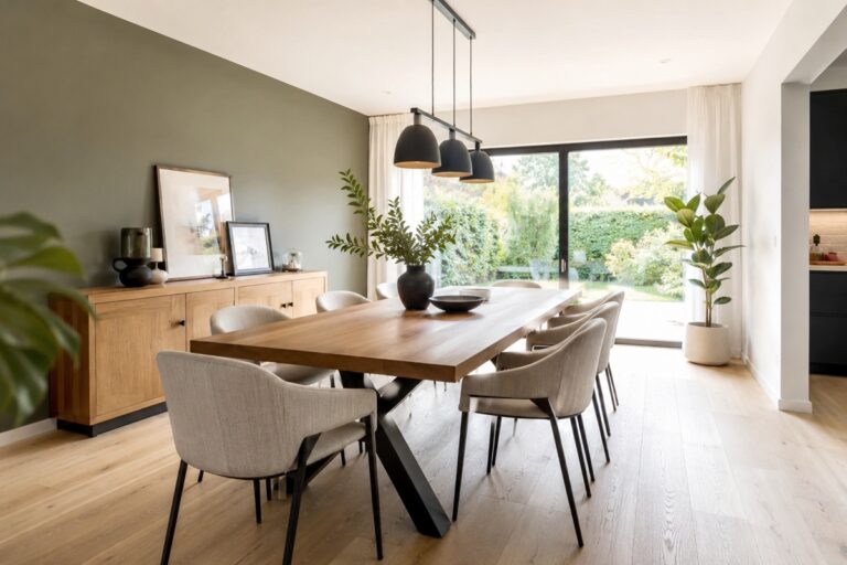 salle de séjour avec table en bois et décoration assortie