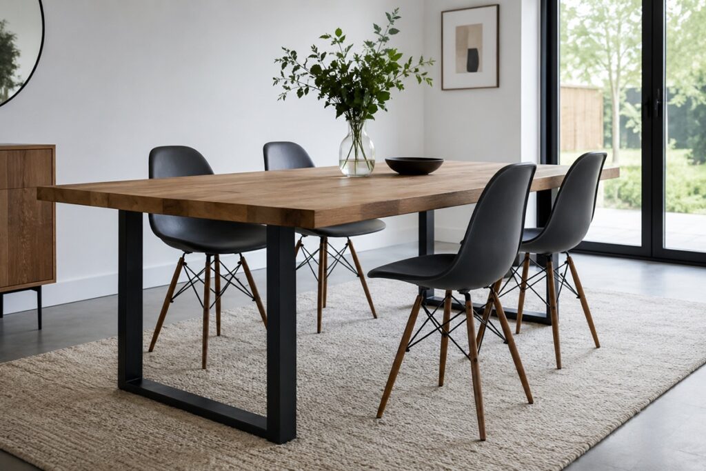 salle de séjour avec une table en bois contemporaine avec des pieds en métal