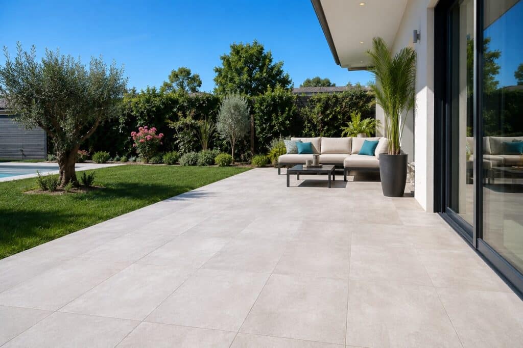 terrasse contemporaine avec de grands carreaux de carrelage