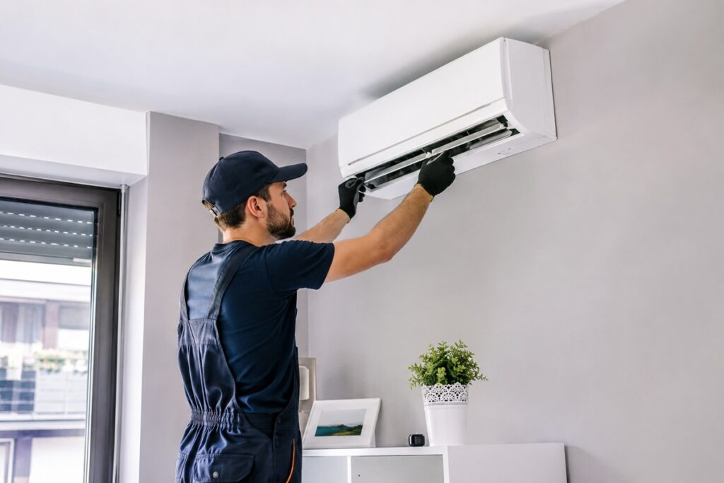 artisan qui installe une climatisationn dans uen maison