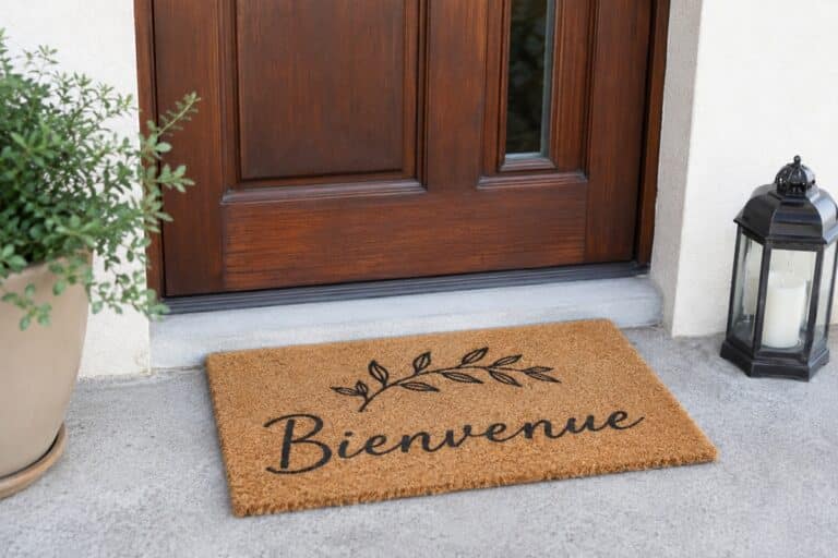 paillasson avec nienvenue écrit devant une porte d'entrée