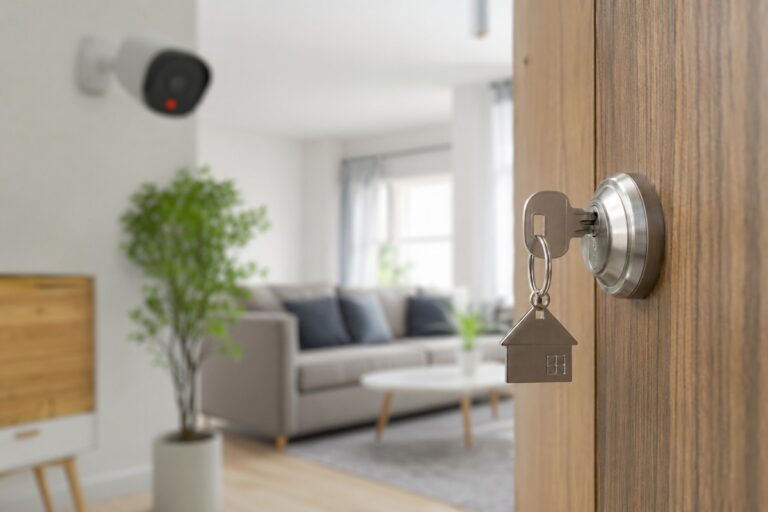 porte d'entrée avec clef entrouverte sur le salon