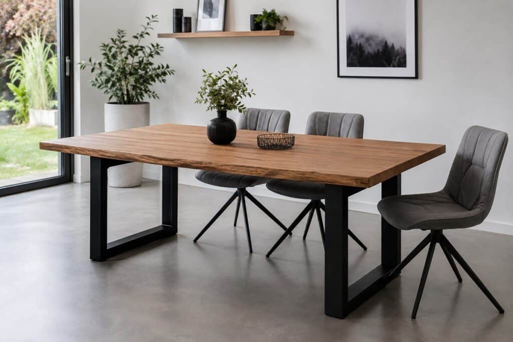 salle de séjour contemporaine avec table en bois et pieds en métal noir