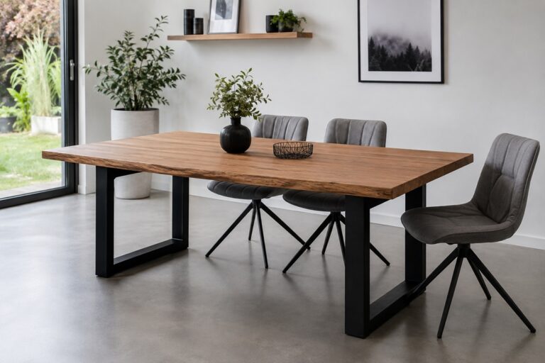 salle de séjour contemporaine avec table en bois et pieds en métal noir