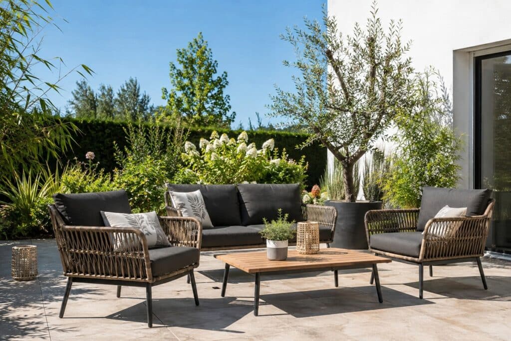 salon de jardin en rotin avec coussins noirs installé sur une terrasse