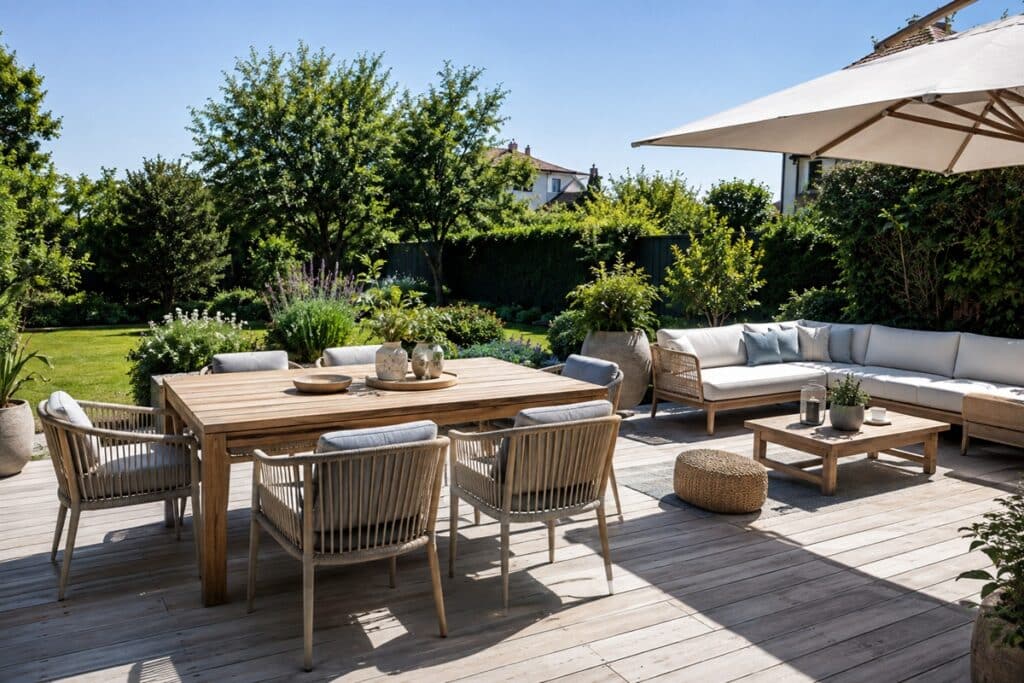 terrasse en bois avec du mobilier de jardin contemporain