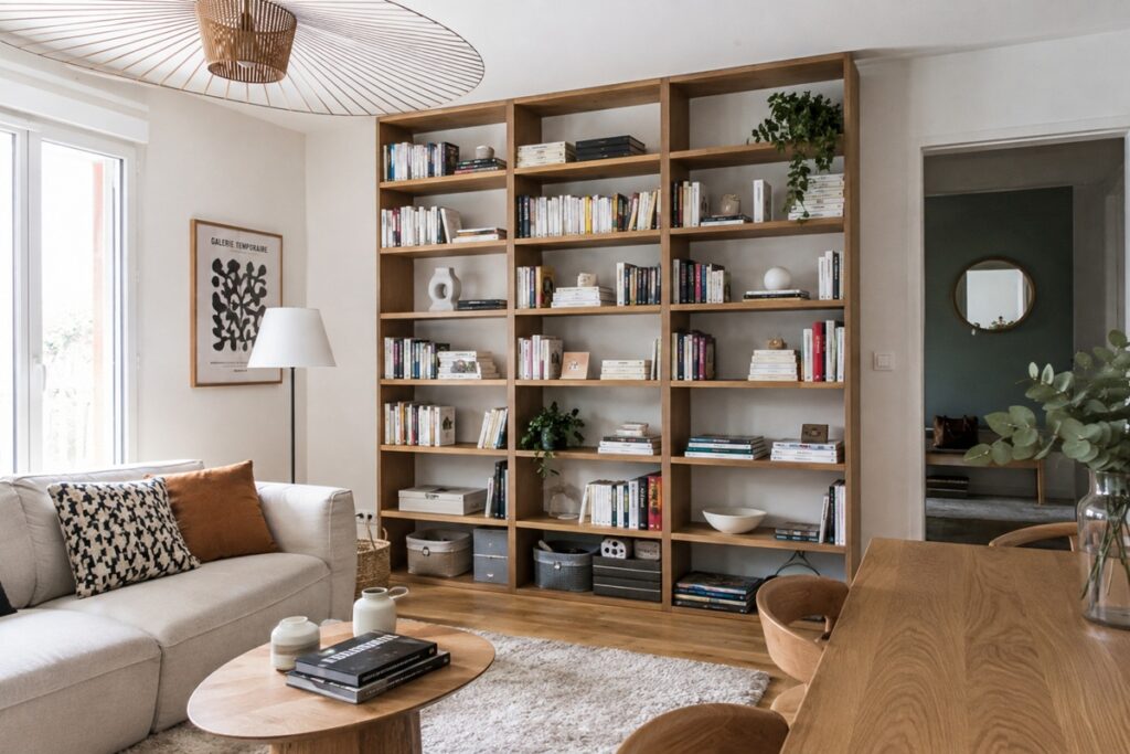 belle bibliothèque en bois installée dans un salon moderne
