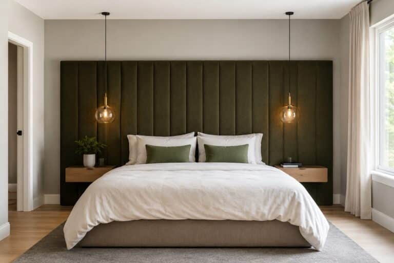 tête de lit magistrale dans une chambre ocre et vert