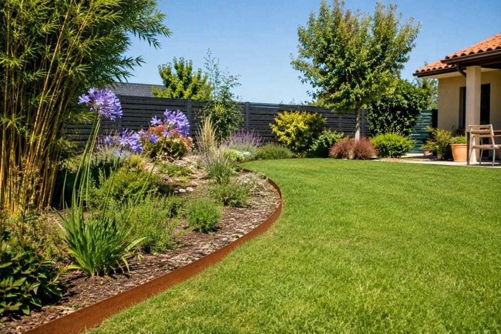 jardin contemporain aménagé avec des nordures de jardin
