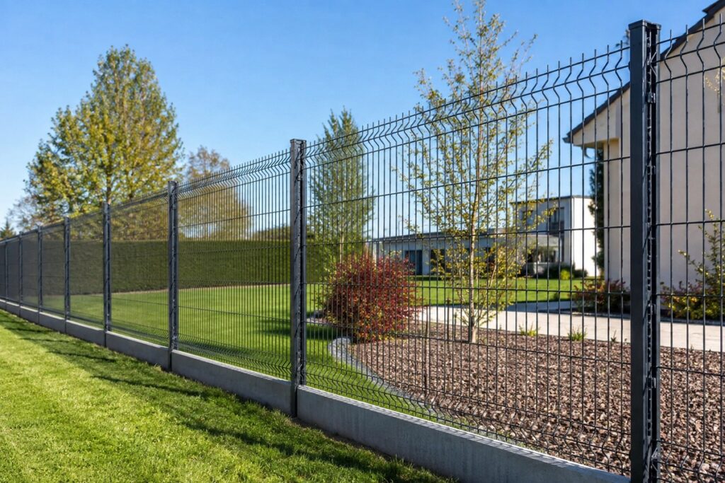 jardin et maison clôturés avec un grillage rigide