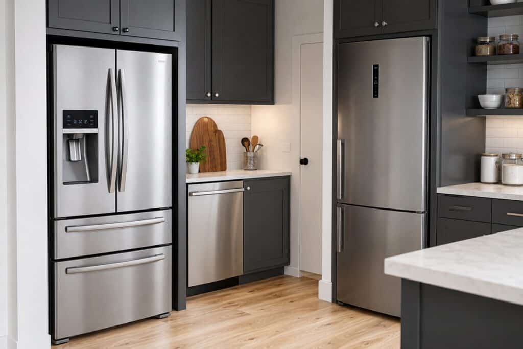 frigo américain et frigo combiné dans une même cuisine moderne