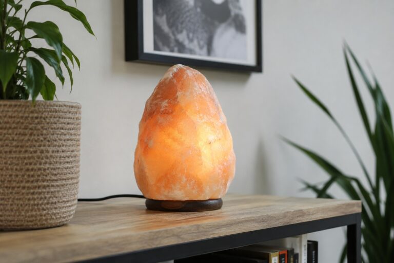 lampe de sel posée sur une commode et entourée de plantes