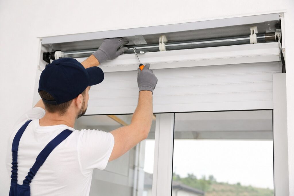 professionnel qui répare un volet roulant