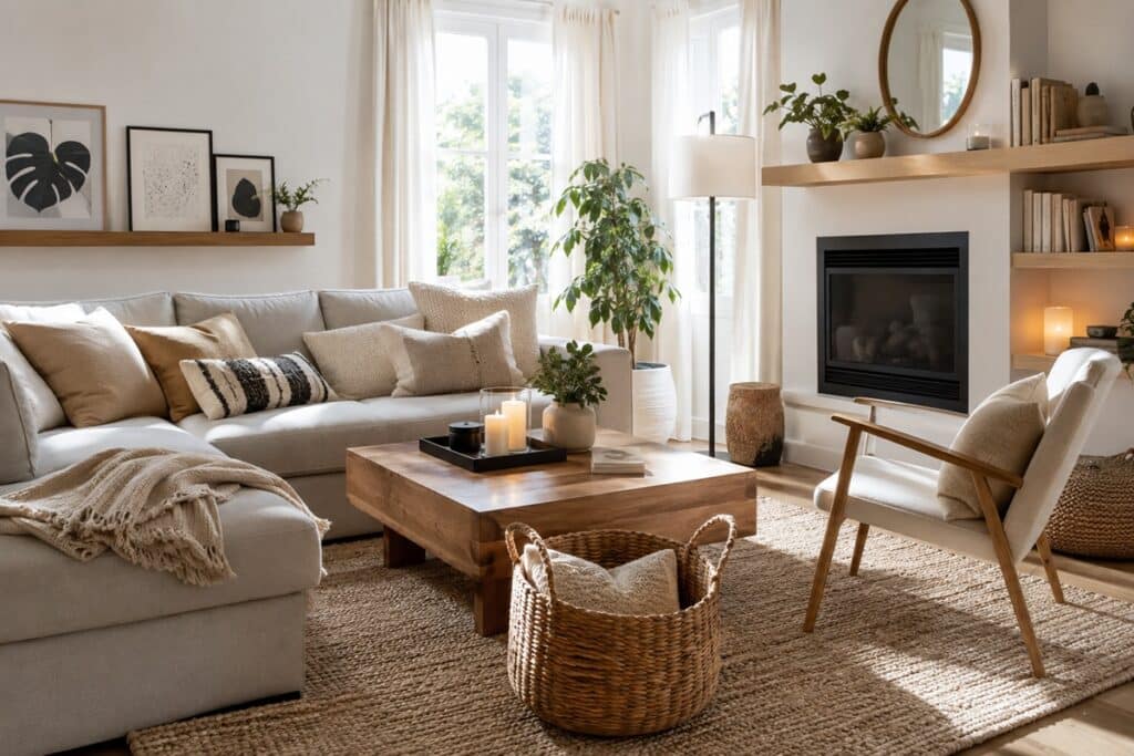salon scandinave cocooning aux couleurs douces