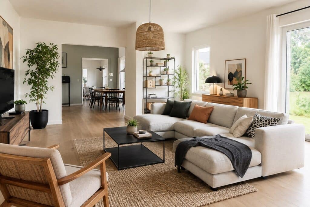 Salon scandinave lumineux et chaleureux créé par un décorateur d'intérieur