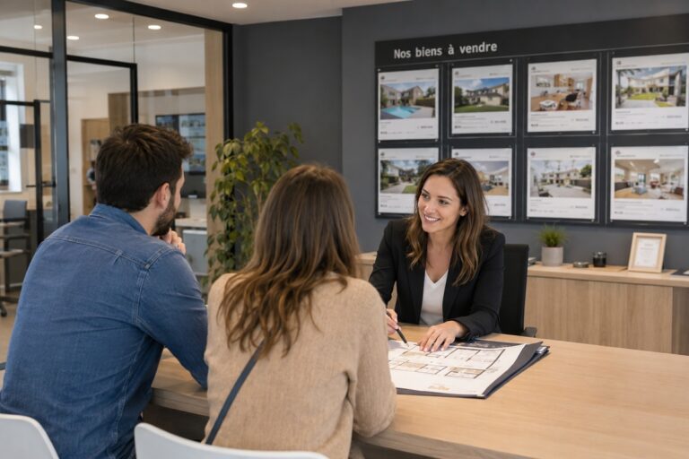 agent immobilier avec un couple dans une agence immobilière