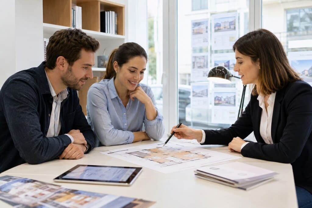 couple regardant des plans de maison avec un agent immobilier