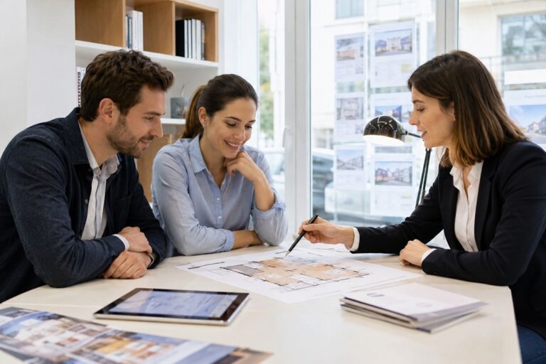 couple regardant des plans de maison avec un agent immobilier