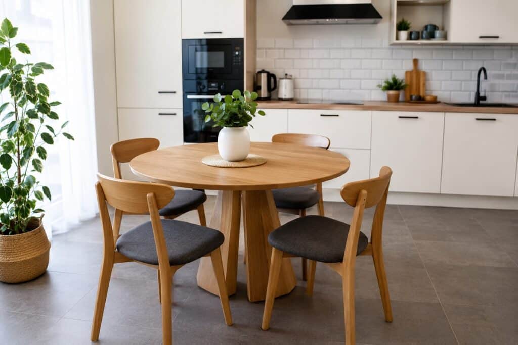 cuisine moderne avec un table en bois ronde et des chaises assorties
