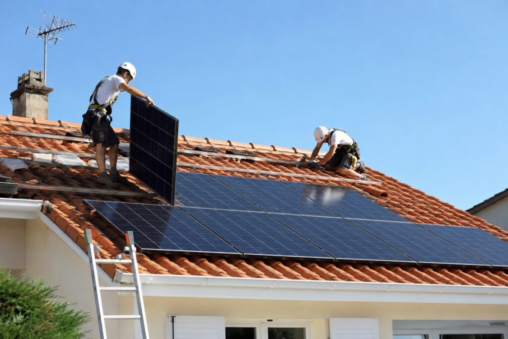 deux ouvriers installent des panneaux solaires sur un toit en tuiles