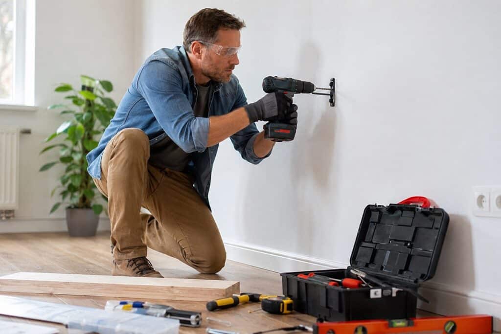 homme faisant un trou avec une perceuse dans un mur