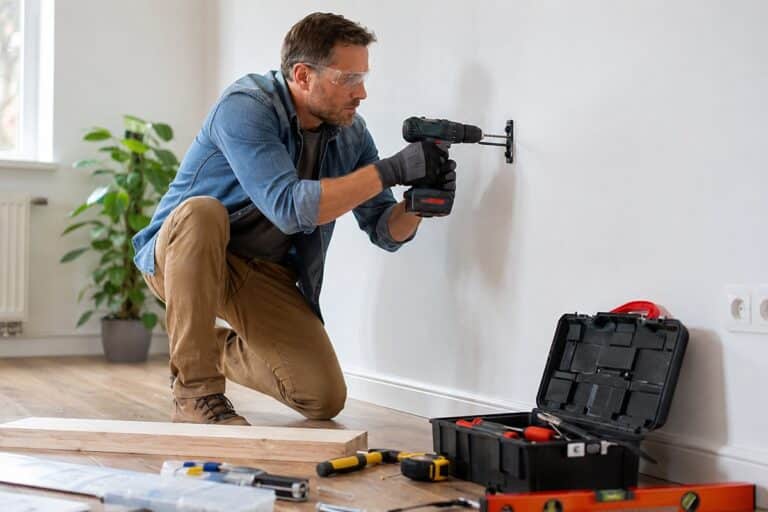 homme faisant un trou avec une perceuse dans un mur